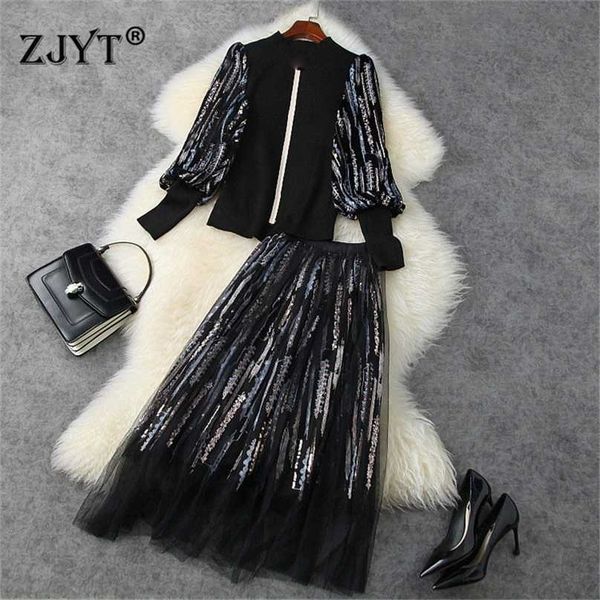 

fashion women's fall winter 2 piece dress set runway designer lantern sleeve sequined knit with mesh skirt suit party outfit 211106, White