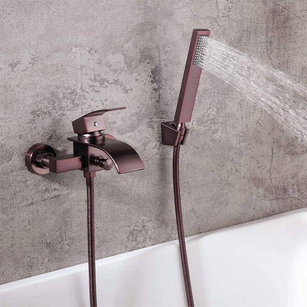 

bathroom shower sets brass brown waterfall bathtub faucet & handshower with curved spout, copper cold water set