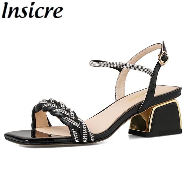 

sandals insicre crystal woven thick high heels women 2021 rome ankle strap square peep toe summer party shoes black beige