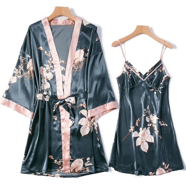 

women's sleepwear strap nightgown bath women rayon robe sets print floral loose nightdress kimono bathrobe -xxl summer home wear, Black;red