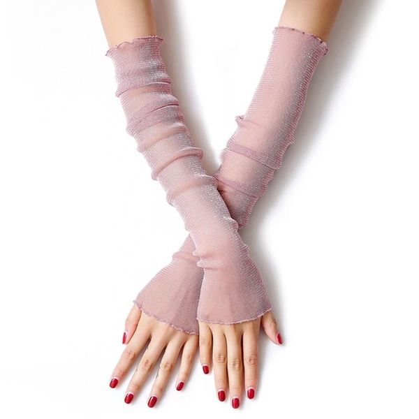 

five fingers gloves women summer thin mesh resistant sleeved female silk sleeve driving sun protection long arm glove, Blue;gray