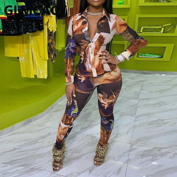 

women figure printed two piece suits long sleeve shirt blouse and bodycon pants set 210702, White