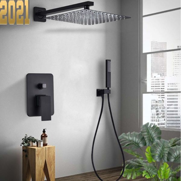 

black shower set wall mounted faucet mixer 8/10/12/16 inch rainfall bathroom tap with handshower rotate bath spout sets