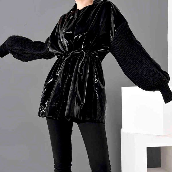 

women's jackets [eam] loose fit knitting drawstring split big size jacket stand collar long sleeve women coat fashion spring wb67801 yc, Black;brown