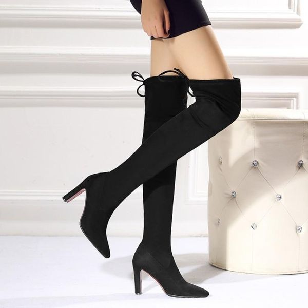 

boots 2021 slim pointed high-heeled knee-high suede high women, Black