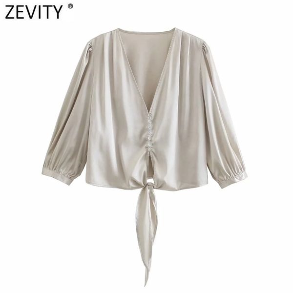 

women fashion v neck hem bow tied short smock blouse female puff sleeve chic satin shirts business femininas ls9003 210416, White;black