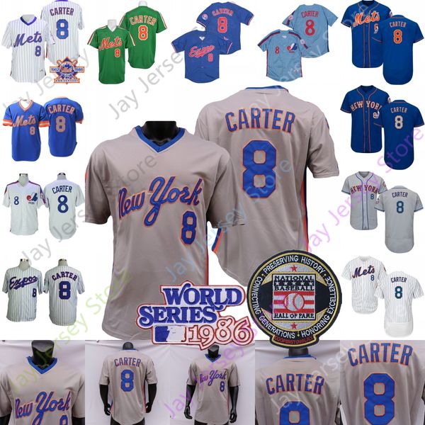 Montreal Expos Vintage Beyzbol Forması Gary Carter 1982 Beyaz Pinstripe Gri Cooperstown Mavi Turuncu Oyuncu Yeşil Örgü 1986 WS Şeref Salonu Yaması