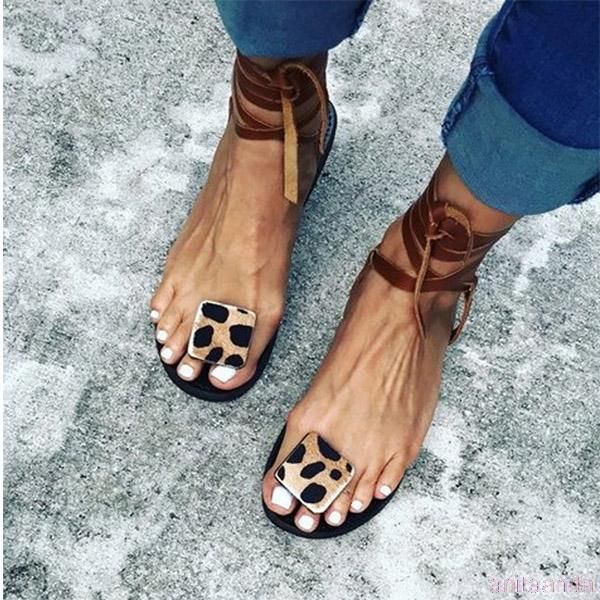 

fashion women summer flat sandals leopard print handmade open toe ankel strap flip-flops plus size 35-43, Black