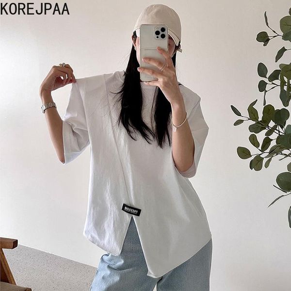 

korejpaa women t-shirt 2021 summer korean chic all-match round neck loose irregular short-sleeved small patches decoration women's, White