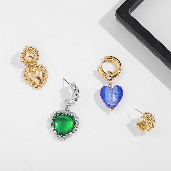 

dangle & chandelier minar retro green color glass love heart earrings for women girl gold metal c shape hook vintage jewelry, Silver