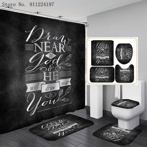 

black series letter printing shower curtain 4 piece carpet cover toilet bath mat 3d print bathroom with 12 hooks accessory set