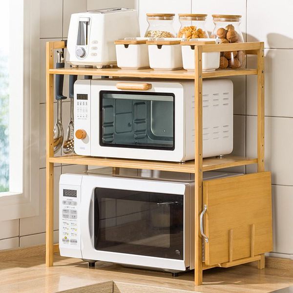 

kitchen rack 2-tiers bamboo microwave shelf height adjustable storage spice organizer kitchenware holder & organization