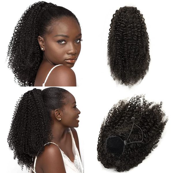 Drop Ship Afro Kinky Curly Curly Human Human Human Human Human Cabelo Extensórios Dormitura Puff Bun Natural Warp em torno do clipe de rabo de pônei na peça de cabelo Mulheres negras 140g para venda