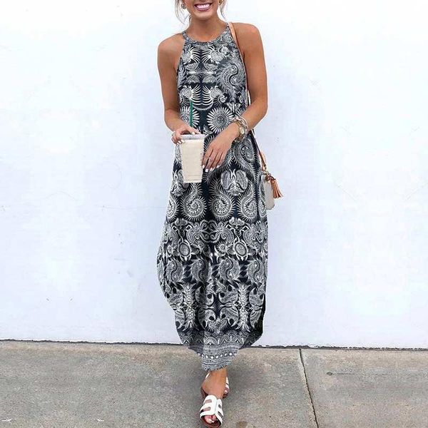 

casual dresses bohemian dress women'sundress vintage printed holiday long robe irregular hem split 2021 vonda femme 5xl, Black;gray