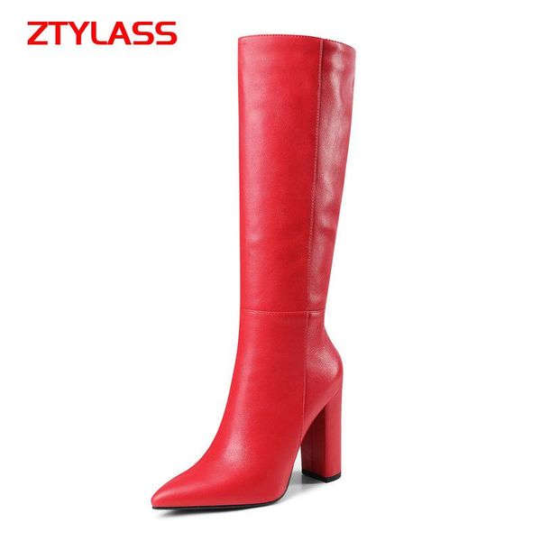 

aknee high boots faux leather women pointed toe square heel long autumn winter ladies shoes, Black