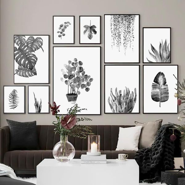 

paintings minimalism black white plant leaf wall art canvas painting nordic posters and prints pictures for living room home decor