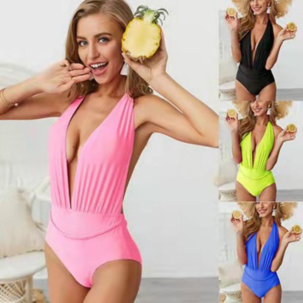 

one-piece suits deep v open back tight-fitting female swimsuit bikini women beach halter high waist surf fashion