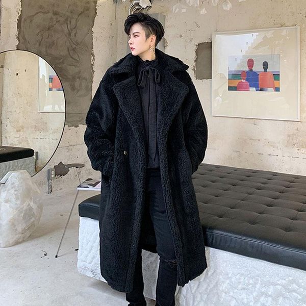 

men's trench coats male streetwear vintage long fur jacket overcoat coat men winter loose thick fake lamb windbreaker outerwear, Tan;black