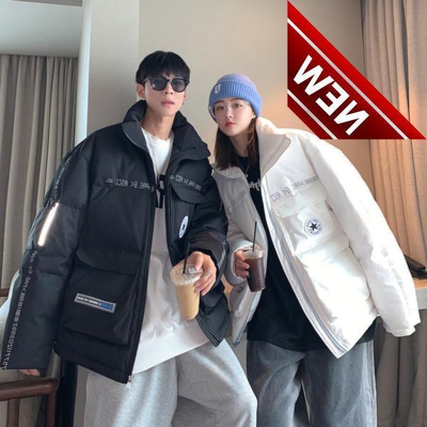

winter down jacket men casual white duck man stand collar parka male hip hop overcoat thermal windproof couple coat, Black