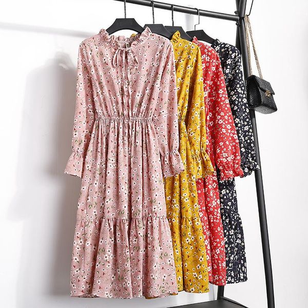 

party dresses 2021 autumn women dress for ladies long sleeve polka dot vintage chiffon shirt midi casual black red floral winter, White;black