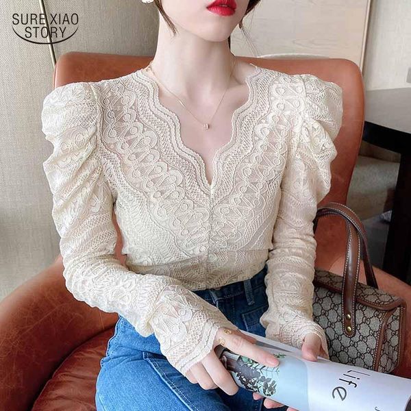 

women's blouses & shirts elegant fashion women's long sleeve autumn v-neck crochet flower lace bottoming shirt vintage blouse w, White