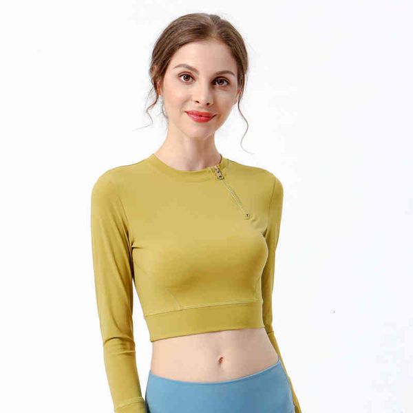 

Women's T-shirt 2021 autumn winter fitns T-shirt women's net red Yoga long sleeve T-shirt zipper sports open navel top without bra, White