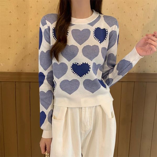 

women's sweaters love printed knitted women vintage o neck designer diamond-studded pearls elegant korean casual pullovers knitwear, White;black