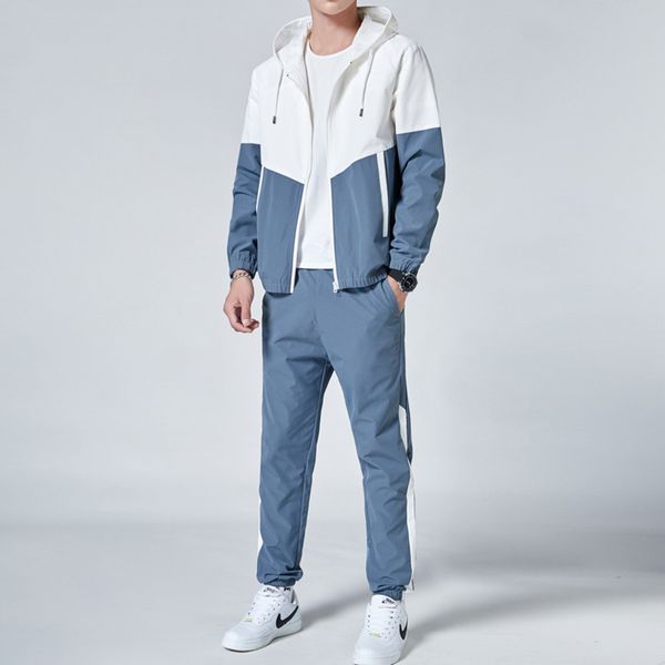 

spring and autumn youth trousers leisure sports suit men's korean version color matching hooded et long sve two-piece set, Gray