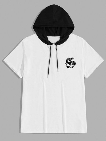 

men chinese dragon print drawstring hooded tee 88bo#, White;black