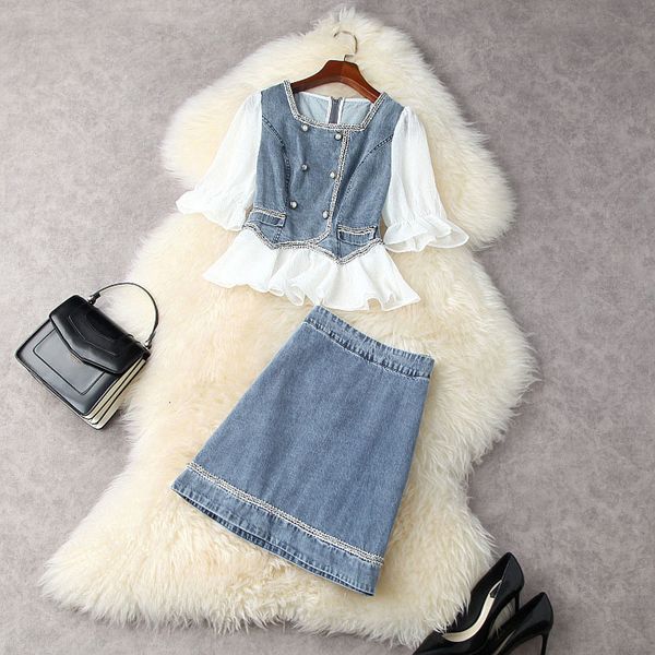 

two piece dress summer 3/4 sleeve square neck blue denim double-breasted panelled + mini short skirt suits 2 s set 21a022008 9jo1, White