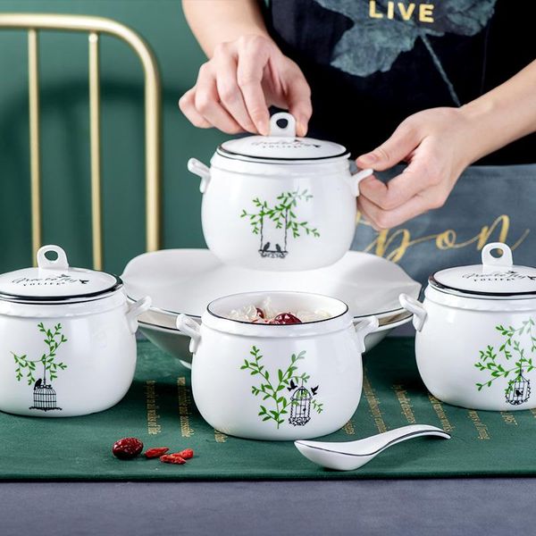 

dinnerware sets 450ml simple style porcelain tableware tureen kitchen soup cup nest dessert slow cooker stew pot with lids cutlery