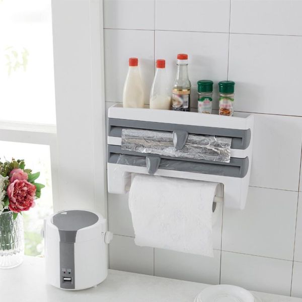 

wall-mount paper towel holder sauce bottle storage rack 4 in 1 plastic film cutter mutifunction kitchen organizer roll shelf hooks & rails