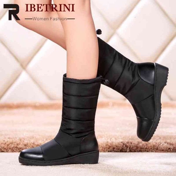 

boots mid calf snow winter round toe slip on platform shoes warm add fur half-knee high boots woman size 35-44, Black