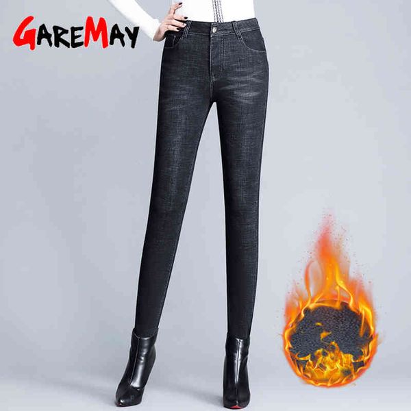 inverno jeans quente para mulheres cintura alta cintura preto calças de veludo mulheres casuais feminino stretch feminino sólido 210428