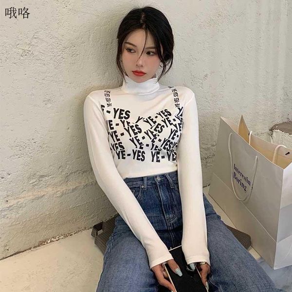 

women's t-shirt 2021 slim ladies knitted sweater letter print autumn winter one-piece korean long sleeve thicken t shirt, White