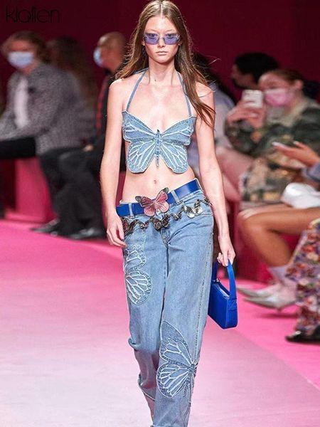 

women's jeans klalien autumn fashion casual high waist solid cotton blue for women 2021 simple basic wild trousers wide leg pants