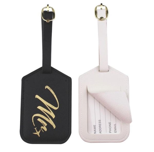 

dhl100pcs travel accessories personal style mr&mrs gilding printing pu suitcase id addres holder luggage tags, Black