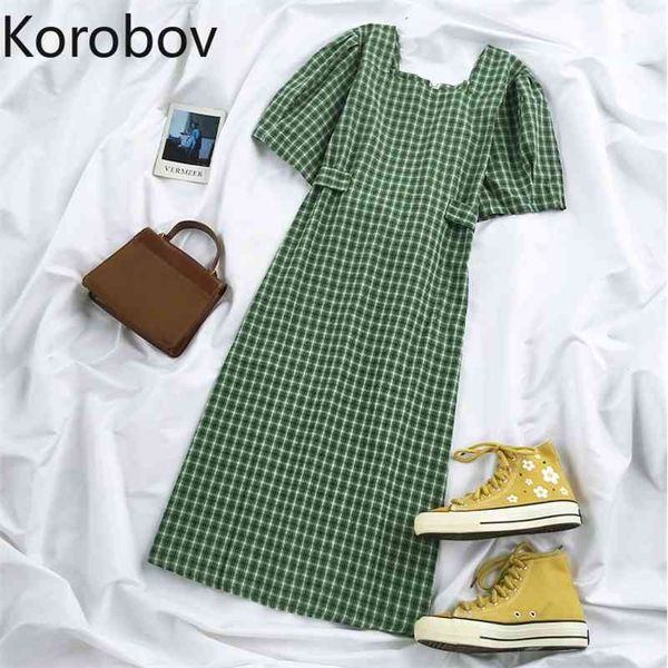 

korobov japanses square collar women dress summer new chic vintage plaid female dresses back zipper puff sleeve vestidos 210430, Black;gray