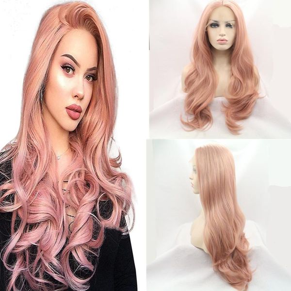 

synthetic wigs long wavy lace front natural blonde pink wig for women heat resistant glueless, Black