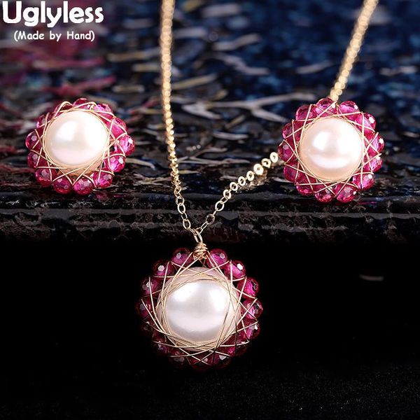 

uglyless natural pearls jewelry sets for women zircon floral studs earrings + necklaces chains 925 silver dress bracelet, & necklace, Black
