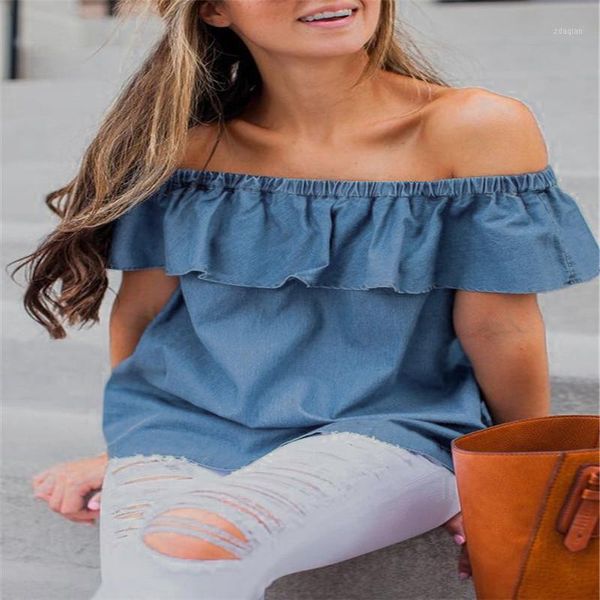

fashion women causal summer off shoulder denim shirt blouse loose fitting front button women's blouses & shirts, White