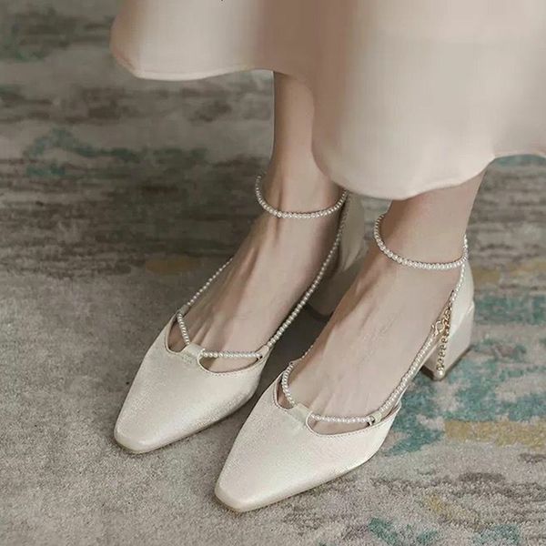 

slippers string bead ankle strap pumps women pointed toe square heels woman shoes summer comfortable low office m9aw, Black