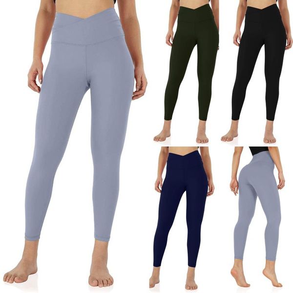

yoga outfit women's gym sport exercise leggings trousers cross waist inner pocket running casual solid color elastic pants