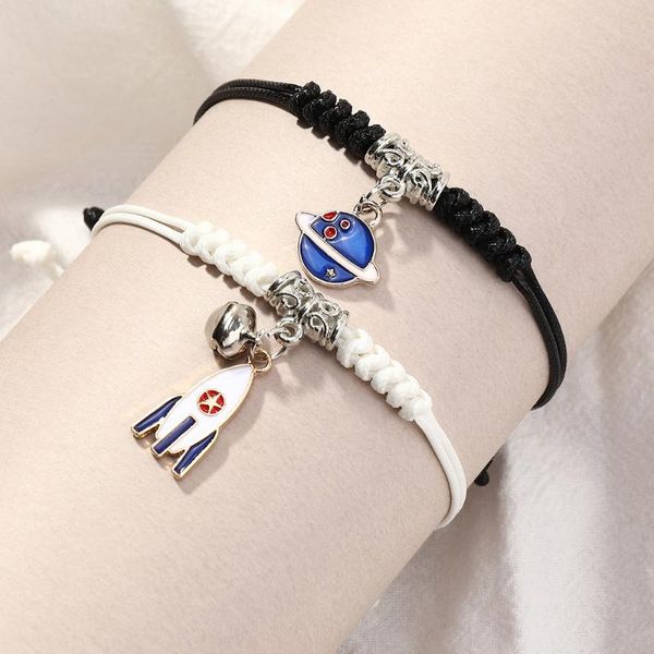 

bangle 2pcs/set couple women's alloy dropped planet rocket handmade woven adjustable bracelet set lovers jewelry gifts, Black