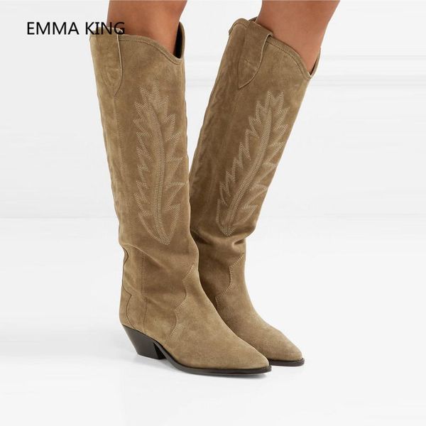 

black nude suede embroidered knee high knight boots women pointed toe spike kitten heels winter long western shoe