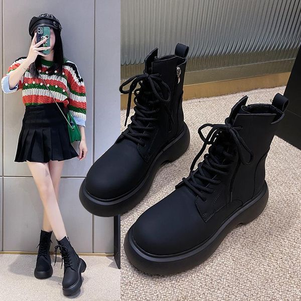 

boots 2021 fashion winter mid-cut side zipper botas mujer sports platform high heel women's shoes, Black