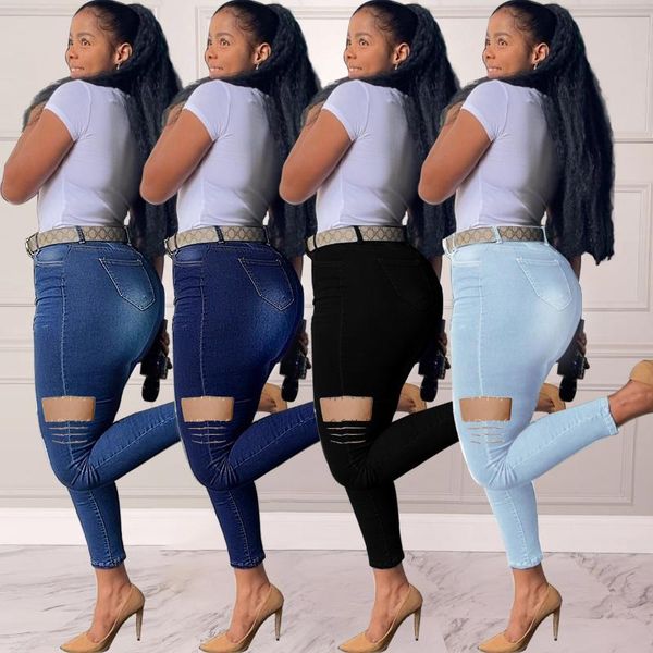 

women's jeans ripped autumn fashion slim-fit buttoned casual solid color high waist denim pencil pants, Blue