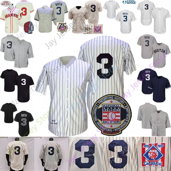 Babe Ruth Jersey Hall Of Fame Patch Saluto al servizio Nero 1914 1929 Grigio 1935 Crema Pinstripe Cooperstown Navy Player Fans Taglia S-3XL