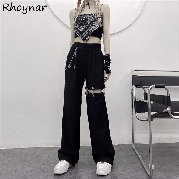 

women's pants & capris casual women dark gothic vintage streetwear fashion high waist wide leg trousers harajuku hollow out loose belt, Black;white