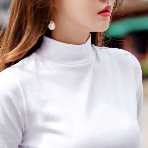 

women's t-shirt cotton turtleneck long-sleeved 40-year-old autumn clothes stretch, White